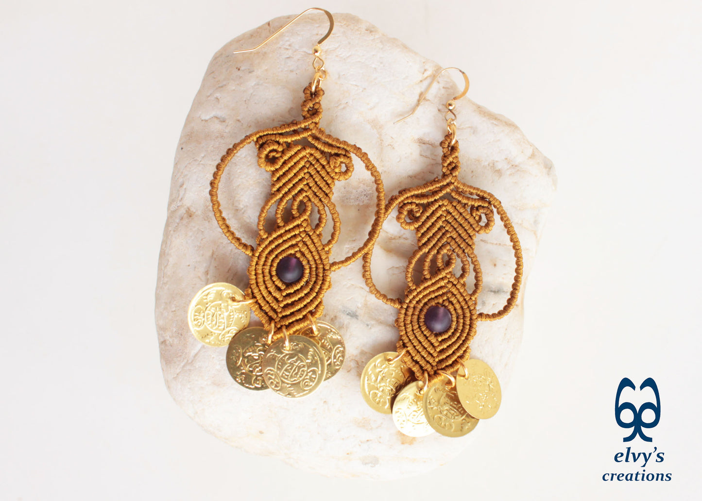 Gold Macramé Earrings with Amethyst and Coins