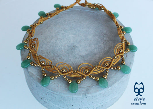 Gold Macramé Choker Necklace with Aventurine and Hematite Adjustable Macramé Choker
