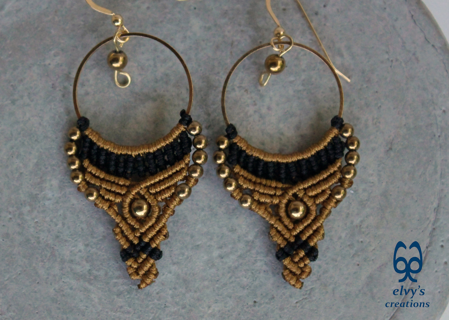Gold and Black Macrame Earrings Gold Hematite Gemstones Hoop Earrings