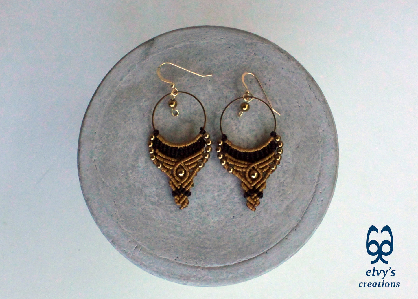 Gold and Black Macrame Earrings Gold Hematite Gemstones Hoop Earrings