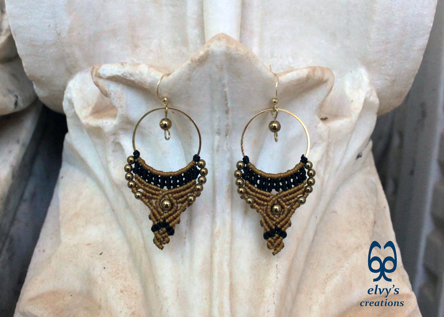 Gold and Black Macrame Earrings Gold Hematite Gemstones Hoop Earrings