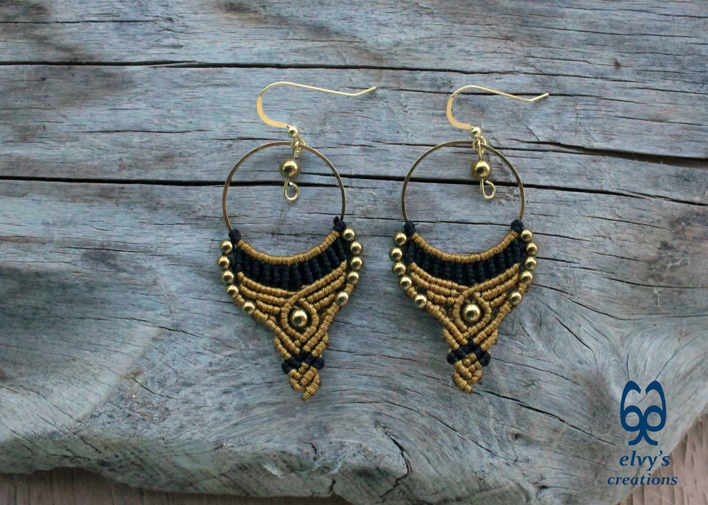 Gold and Black Macrame Earrings Gold Hematite Gemstones Hoop Earrings