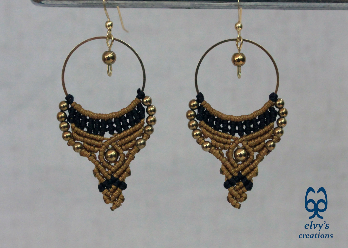 Gold and Black Macrame Earrings Gold Hematite Gemstones Hoop Earrings