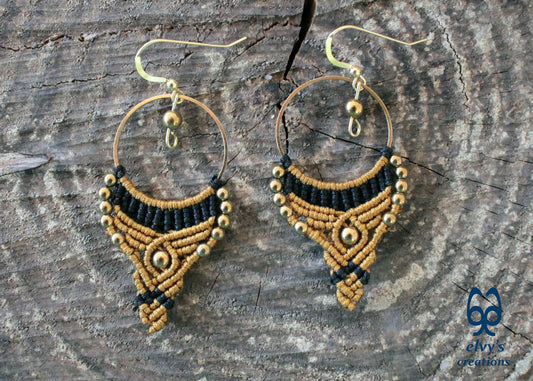Gold and Black Macrame Earrings Gold Hematite Gemstones Hoop Earrings