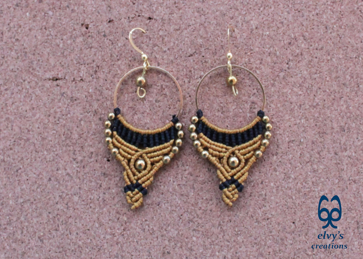 Gold and Black Macrame Earrings Gold Hematite Gemstones Hoop Earrings