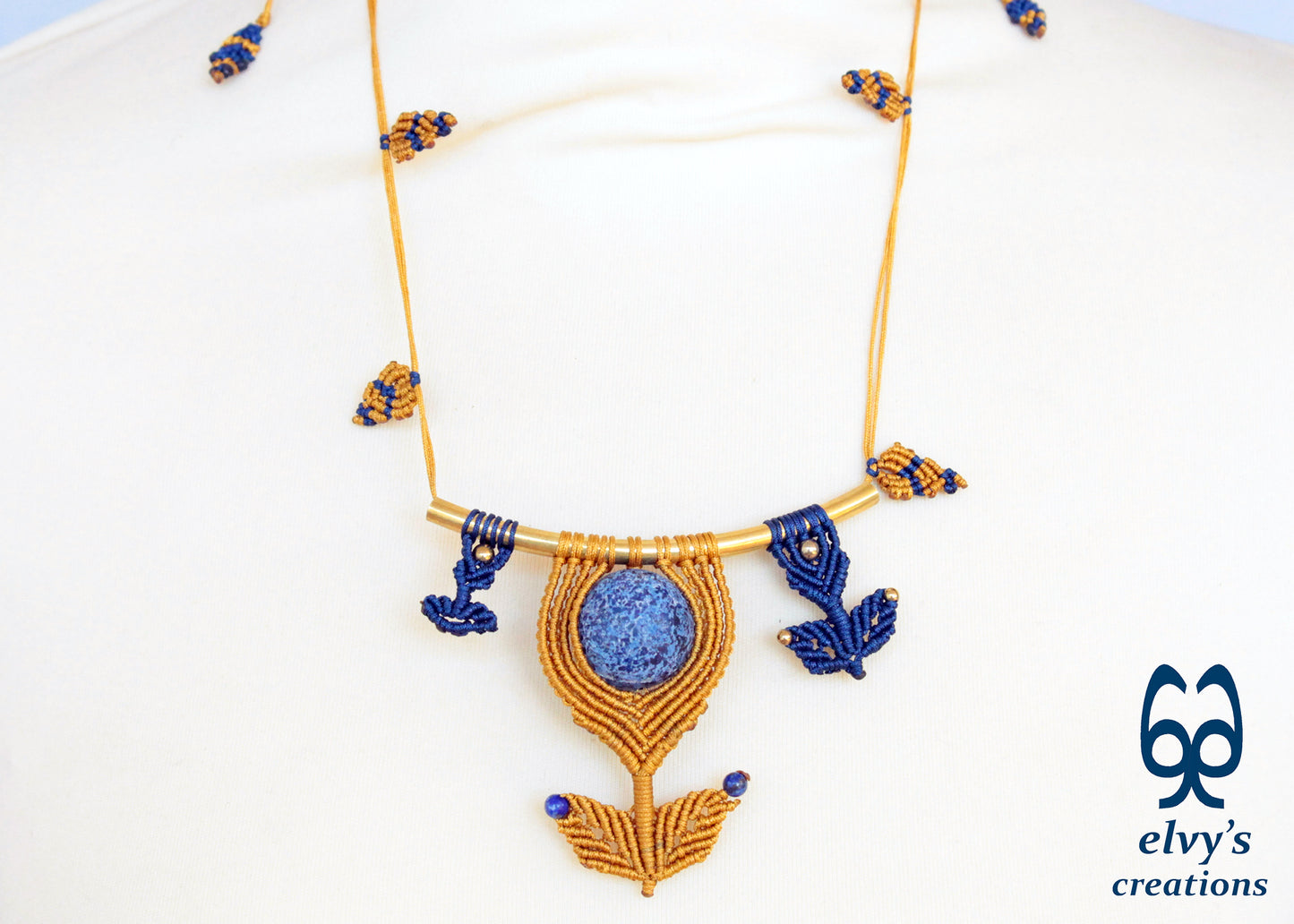Handmade Macrame Necklace, Lapis Lazuli Beaded Macrame Choker, Unique Birthday Gift for Women