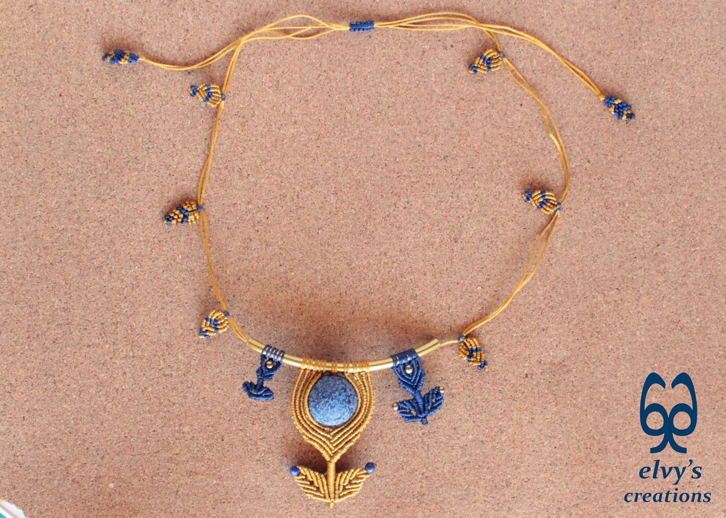 Handmade Macrame Necklace, Lapis Lazuli Beaded Macrame Choker, Unique Birthday Gift for Women