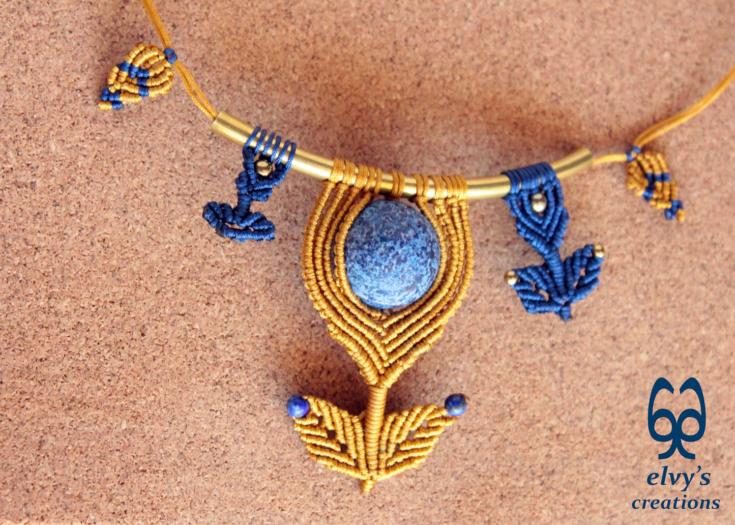 Handmade Macrame Necklace, Lapis Lazuli Beaded Macrame Choker, Unique Birthday Gift for Women