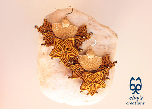 Handmade Gold Macrame Earrings, Dangle Hematite Gemstone Beads Earrings, Birthday Gift for Women