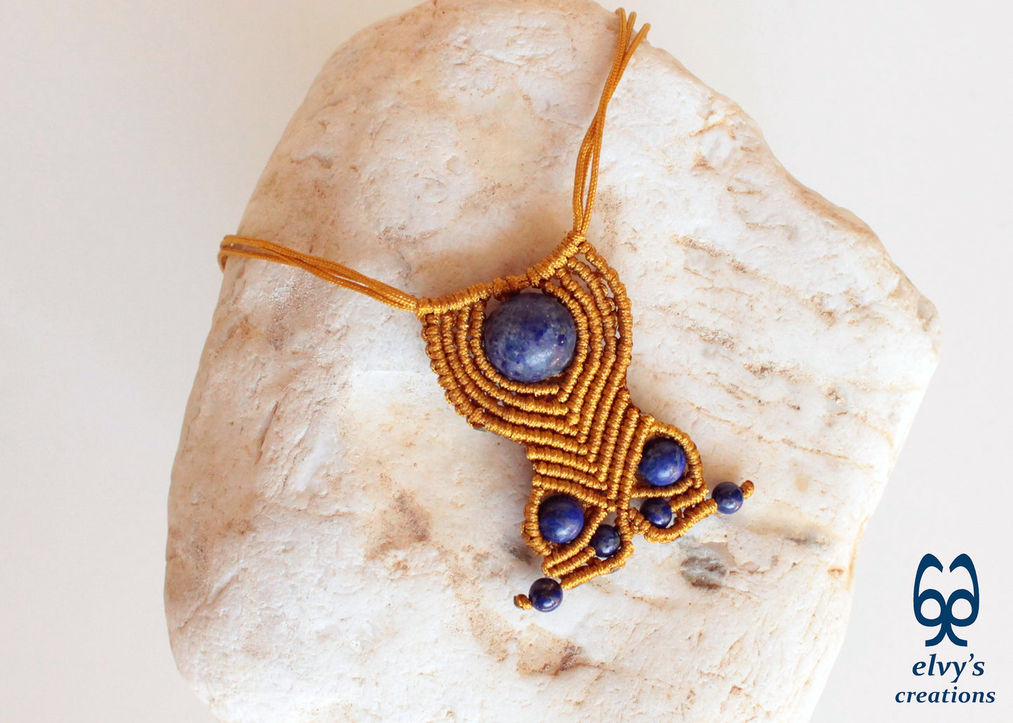 Handmade macrame unisex beaded blue Lapis lazuli adjustable gold choker necklace.
