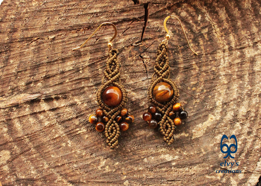 Gold Macrame Earrings Tiger Eye Gemstones Boho Hippie Earrings