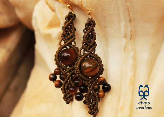 Gold Macrame Earrings Tiger Eye Gemstones Boho Hippie Earrings