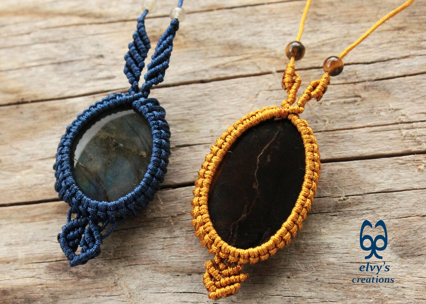 Gold Macrame Pendant with Tiger Eye Gemstones
