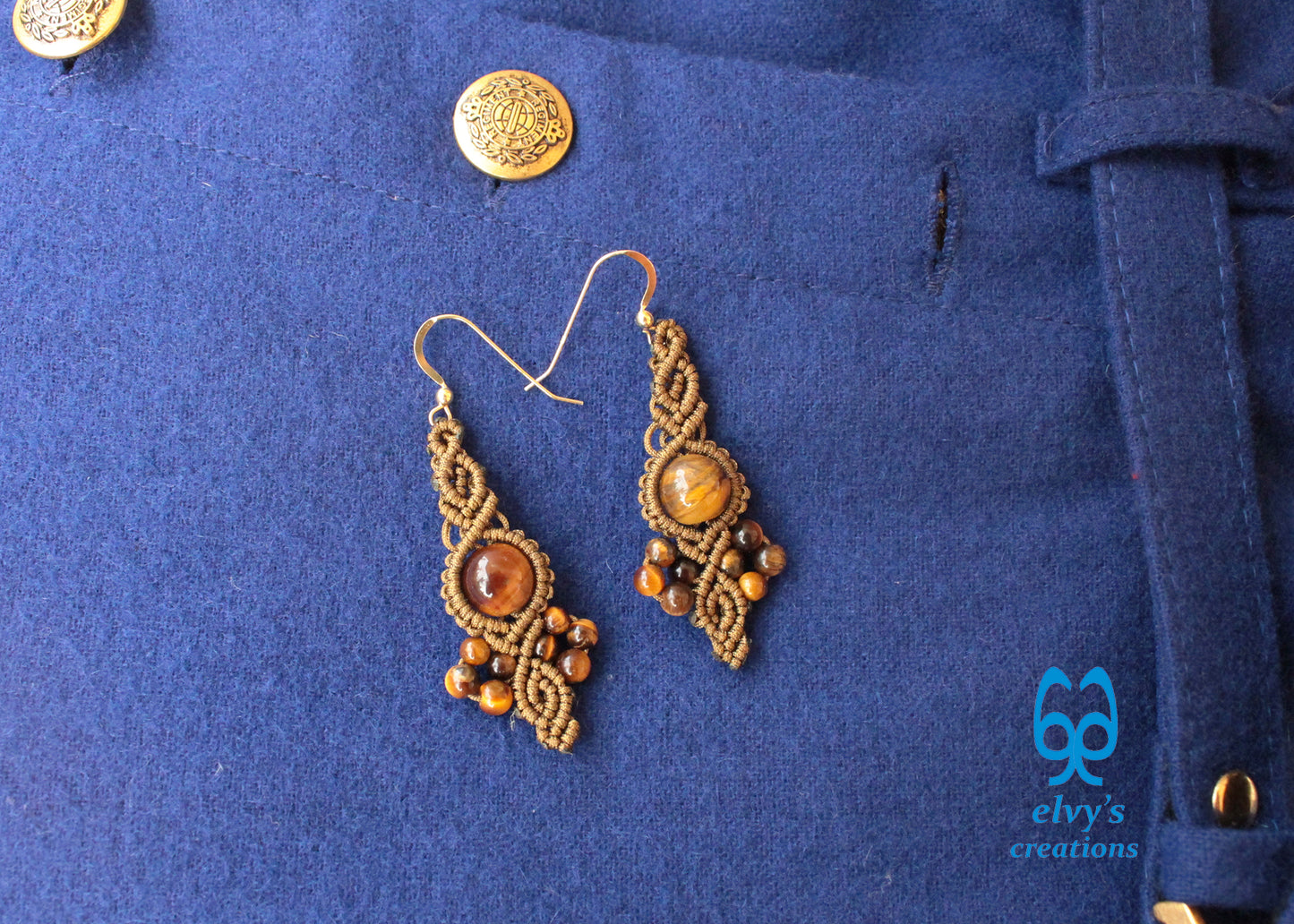 Gold Macrame Earrings Tiger Eye Gemstones Boho Hippie Earrings