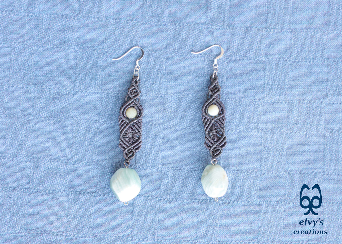 Handmade Gray Macramé Earrings with blue Amazonite Gemstones, Boho Dangle Earrings