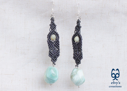 Handmade Gray Macramé Earrings with blue Amazonite Gemstones, Boho Dangle Earrings