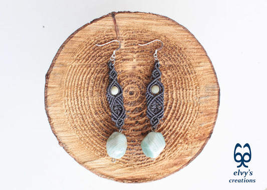 Handmade Gray Macramé Earrings with blue Amazonite Gemstones, Boho Dangle Earrings