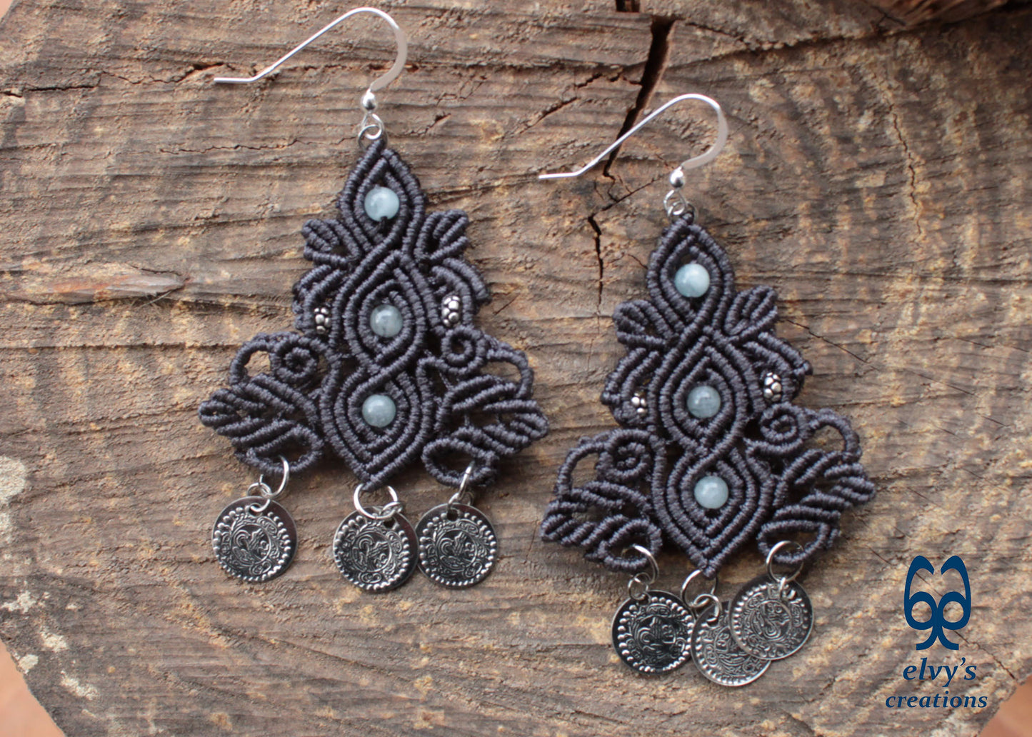 Gray Macrame Silver Earrings Dangle with Aquamarine Healing Gemstones Silver Coins