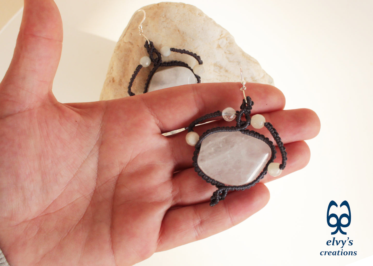 Handmade Gray Macrame Earrings with Long Dangle Crystal Quartz Gemstones