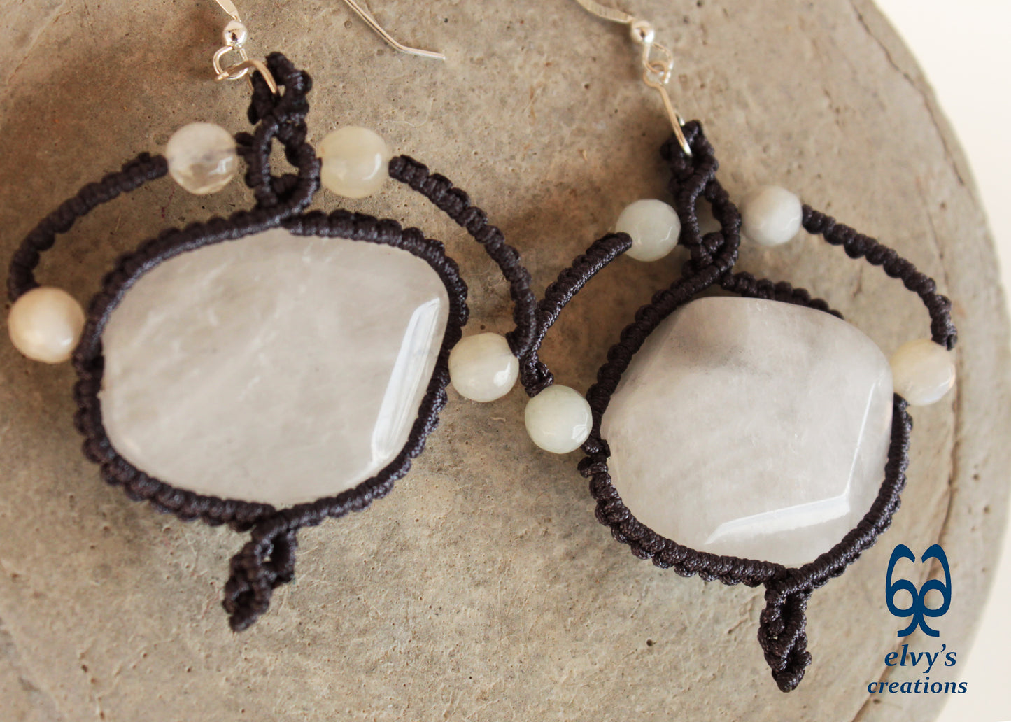 Handmade Gray Macrame Earrings with Long Dangle Crystal Quartz Gemstones