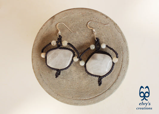 Handmade Gray Macrame Earrings with Long Dangle Crystal Quartz Gemstones