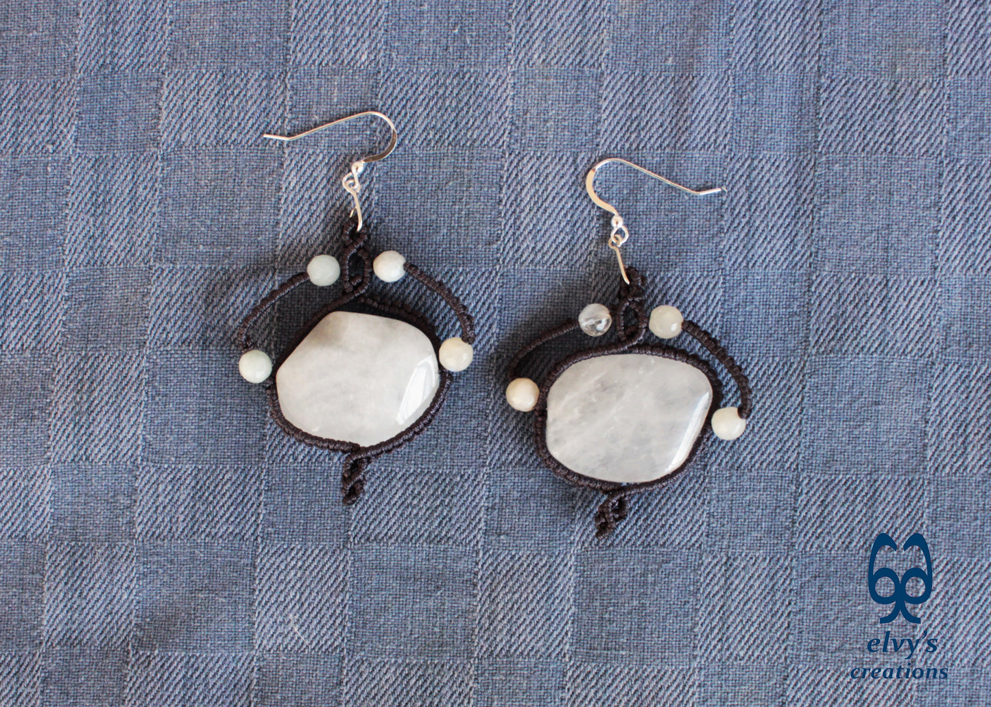 Handmade Gray Macrame Earrings with Long Dangle Crystal Quartz Gemstones