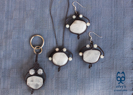 Handmade Gray Macrame Key ring with White Crystal Quartz Gift for Men