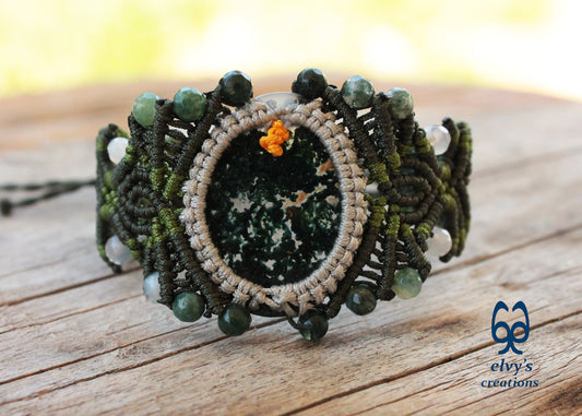 Green Macrame Bracelet with Moss Agate and Dendrite Agate Gemstone Beads Green Gemstone Adjustable Bracelet