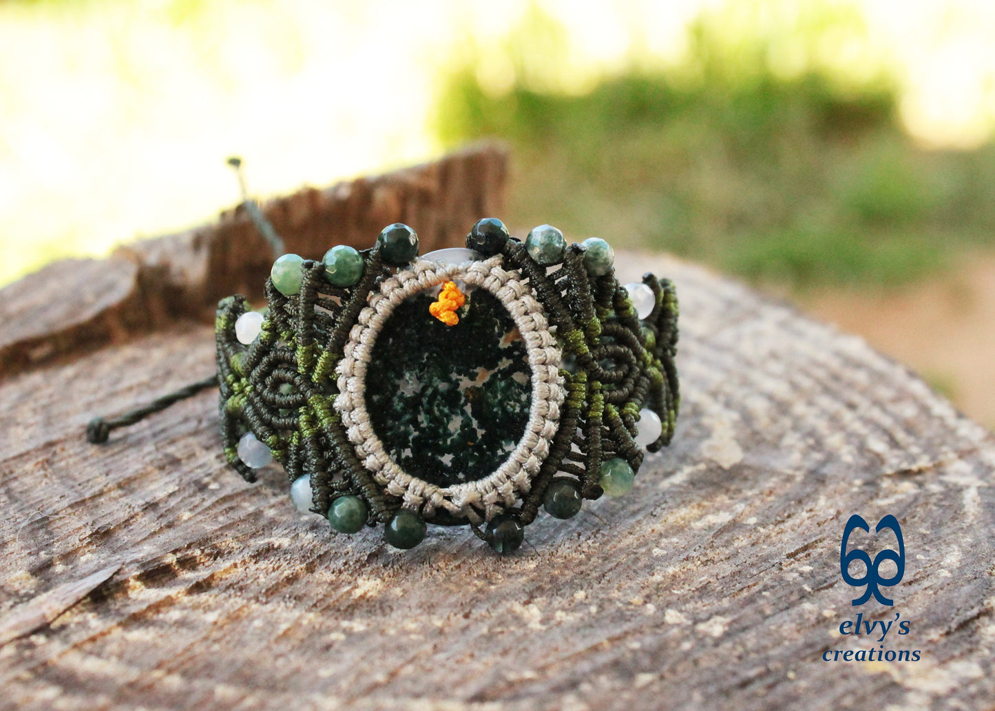 Green Macrame Bracelet with Moss Agate and Dendrite Agate Gemstone Beads Green Gemstone Adjustable Bracelet