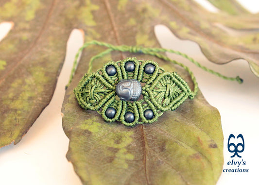 Green Macrame Bracelet Hematite Gemstone Cuff, Unique Birthday Gift for Women