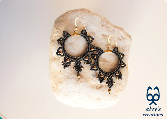 Khaki Green Gold Macrame Earrings, Hematite Dangle Gemstone Beads Earrings, Birthday Gift for Women