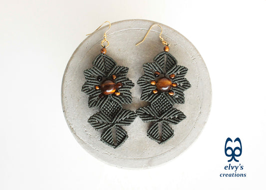Green Macrame Earrings Tiger's Eye Gemstones Dangle Flower Earrings Green Lace Earrings Birthday Gift for Women