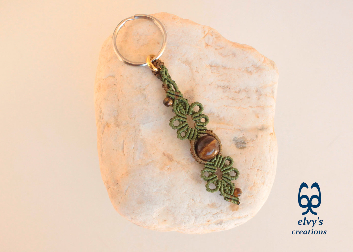 Green and Gold Macramé Key Chain with Tiger Eye Gemstone