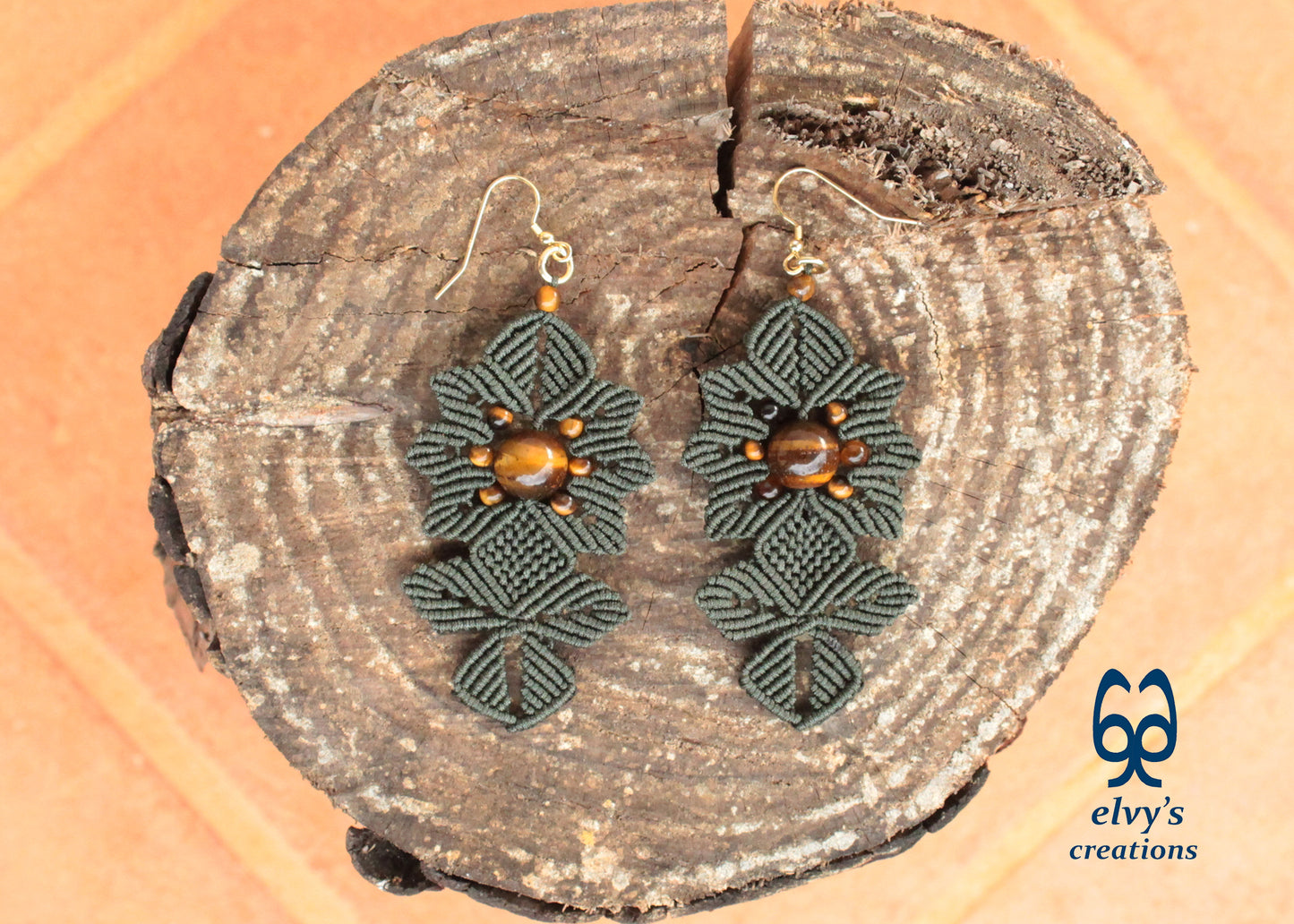 Green Macrame Earrings Tiger's Eye Gemstones Dangle Flower Earrings Green Lace Earrings Birthday Gift for Women