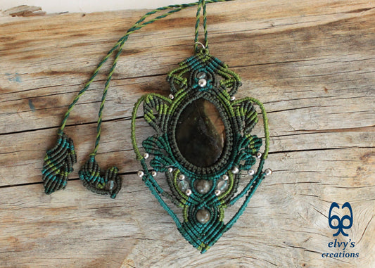 Green Macrame Necklace with Labradorite and Silver Hematite Gemstones