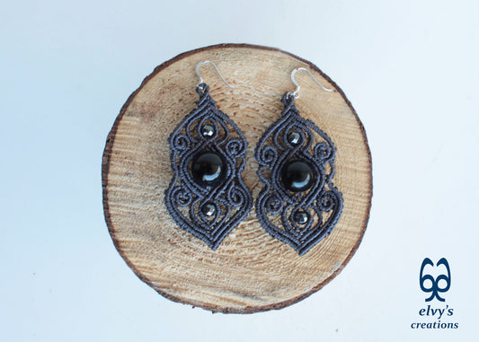 Handmade Grey Macramé Earrings with Black Onyx Gemstones, Silver Macramé Bohemian Earrings