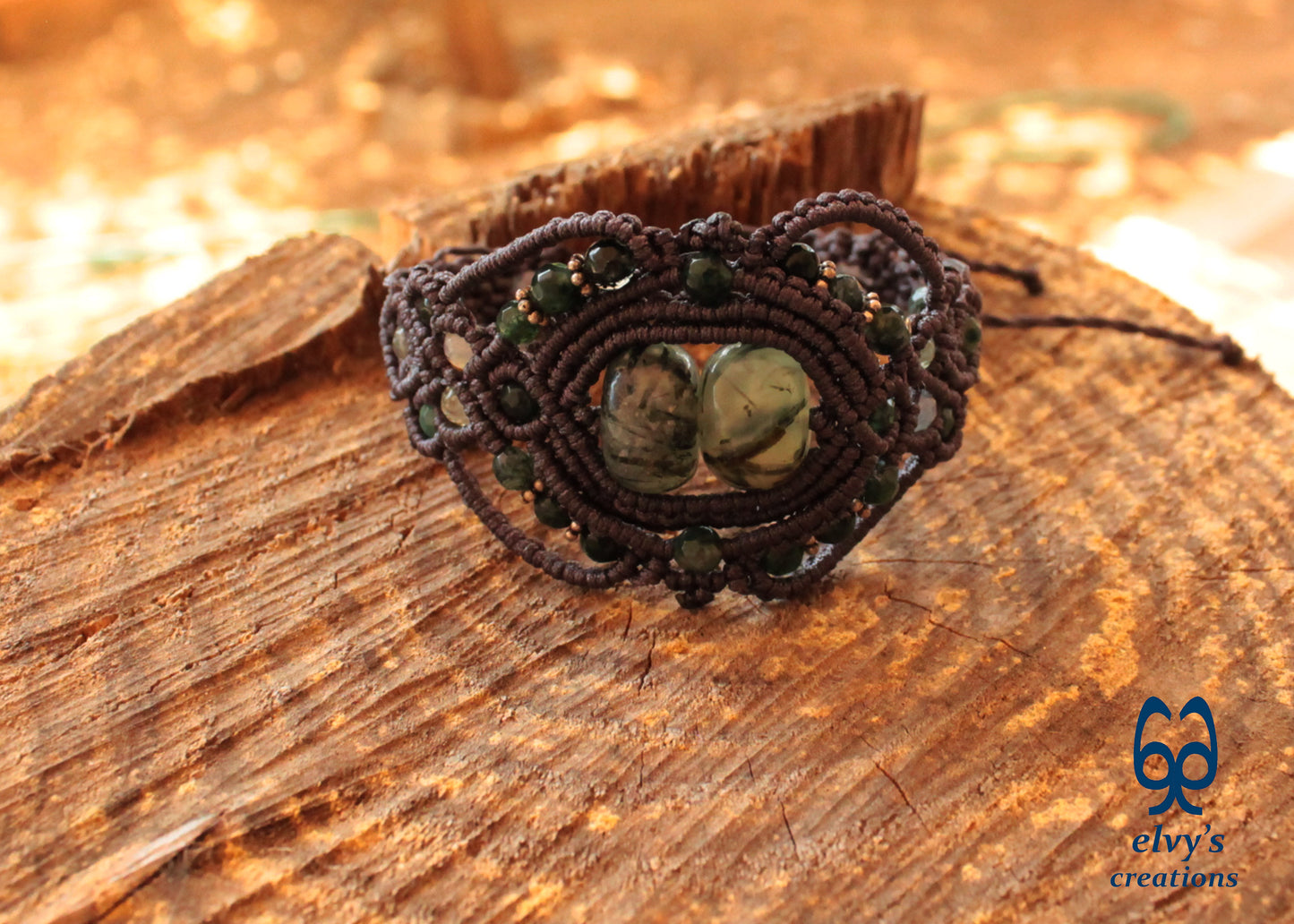 Handmade Grey Macrame Bracelet with Moss Agate Gemstones Adjustable Lace Bracelet