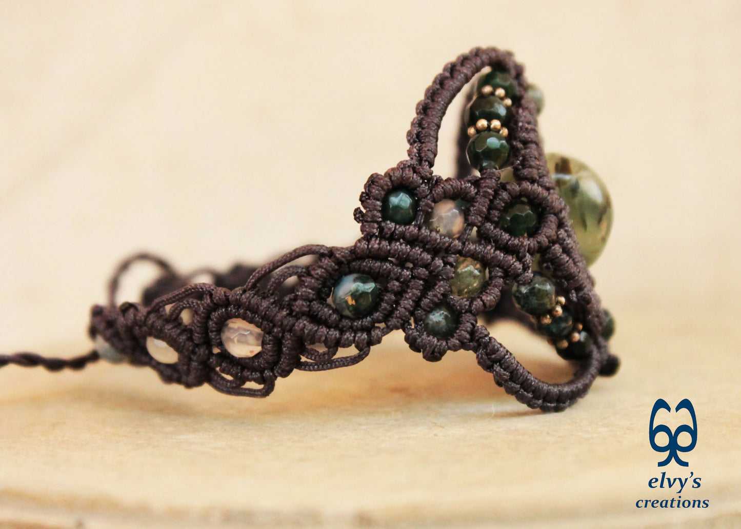 Handmade Grey Macrame Bracelet with Moss Agate Gemstones Adjustable Lace Bracelet