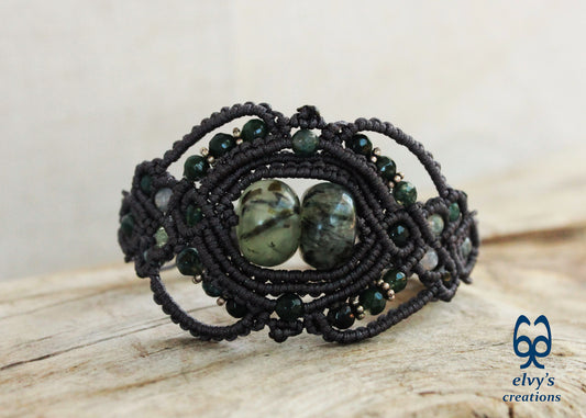 Handmade Grey Macrame Bracelet with Moss Agate Gemstones Adjustable Lace Bracelet