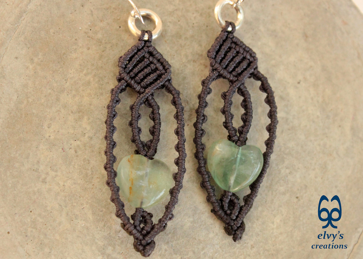Handmade Grey Macrame Earrings with Lace Green Fluorite Heart Gemstones