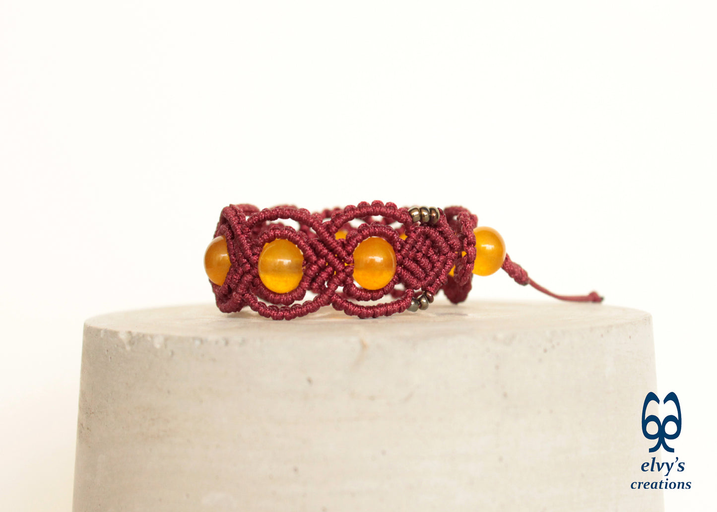 Red Macrame Adjustable Bracelet with Yellow Orange Healer Agate Gems Natural Gemstones Beaded Bracelet Gift for her Healer Collection - ElvysCreations