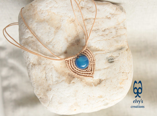 Unisex Handmade Beige Blue Jade and Turquoise Handmade Macrame Beaded Heart Necklace Charm