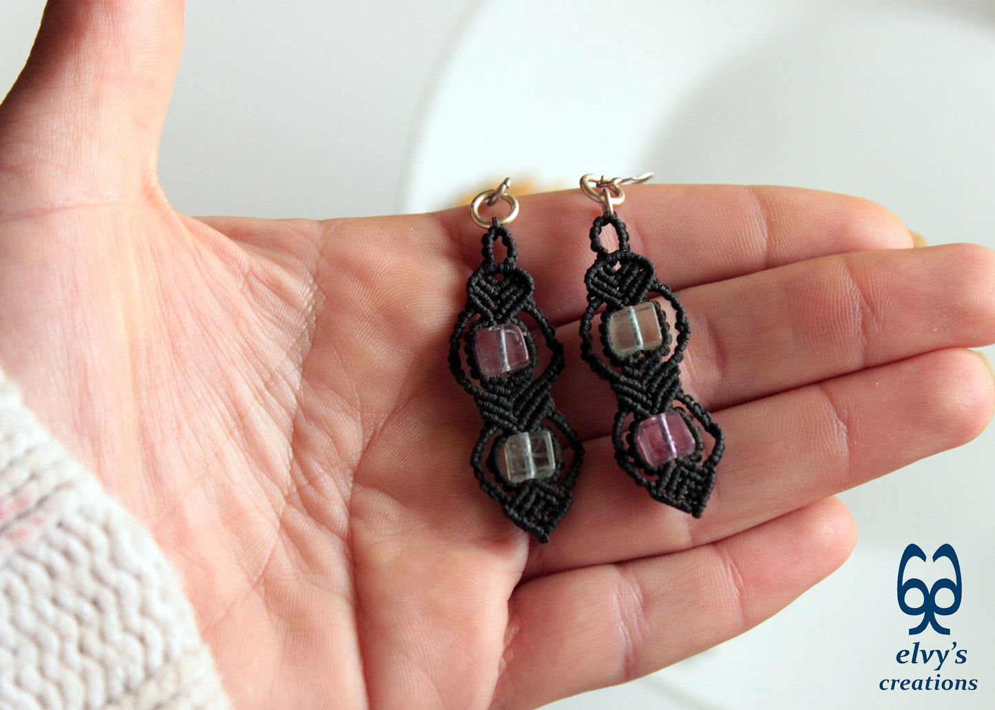 Handmade Silver Macrame Earrings,Fluorite Gemstone Beaded Earrings,Birthday Gift for Women