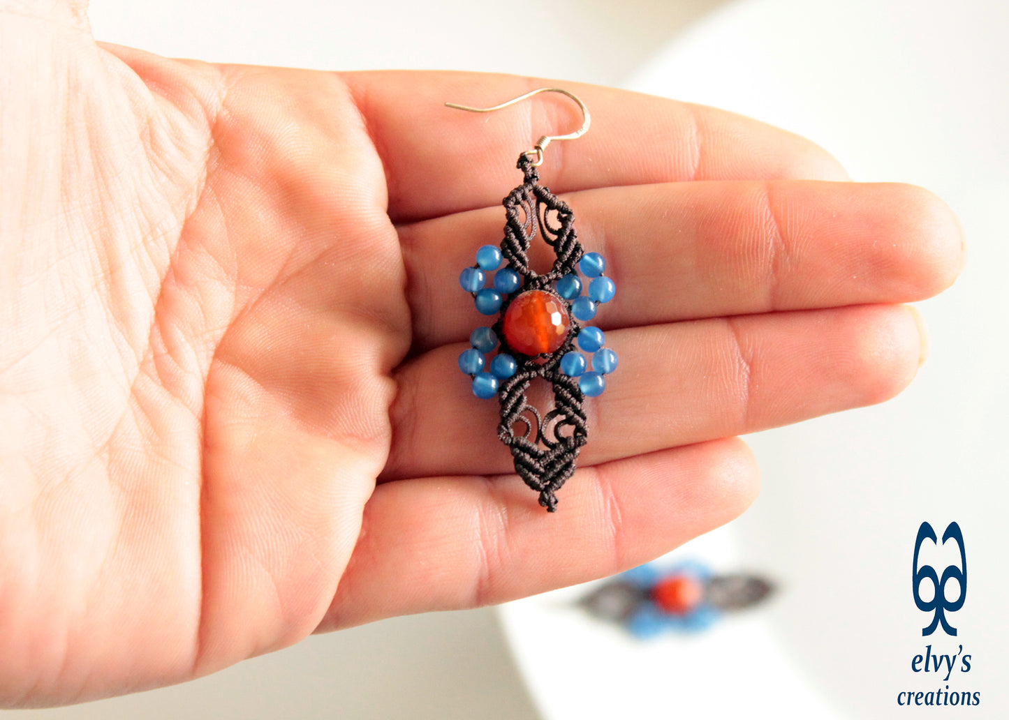 Brown Macrame Blue Jade and Orange Carnelian Micromacrame Beaded Earrings