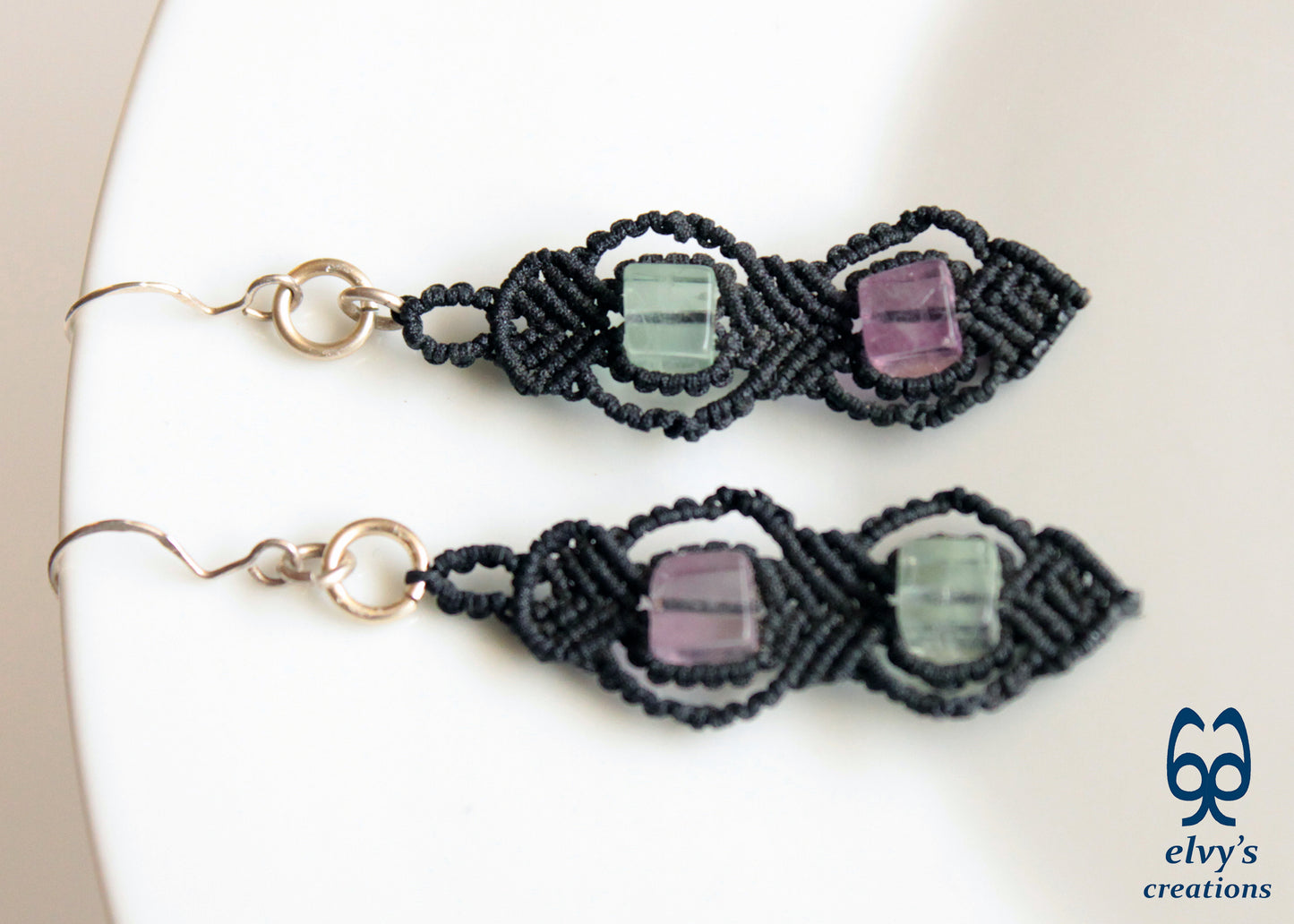 Handmade Silver Macrame Earrings,Fluorite Gemstone Beaded Earrings,Birthday Gift for Women