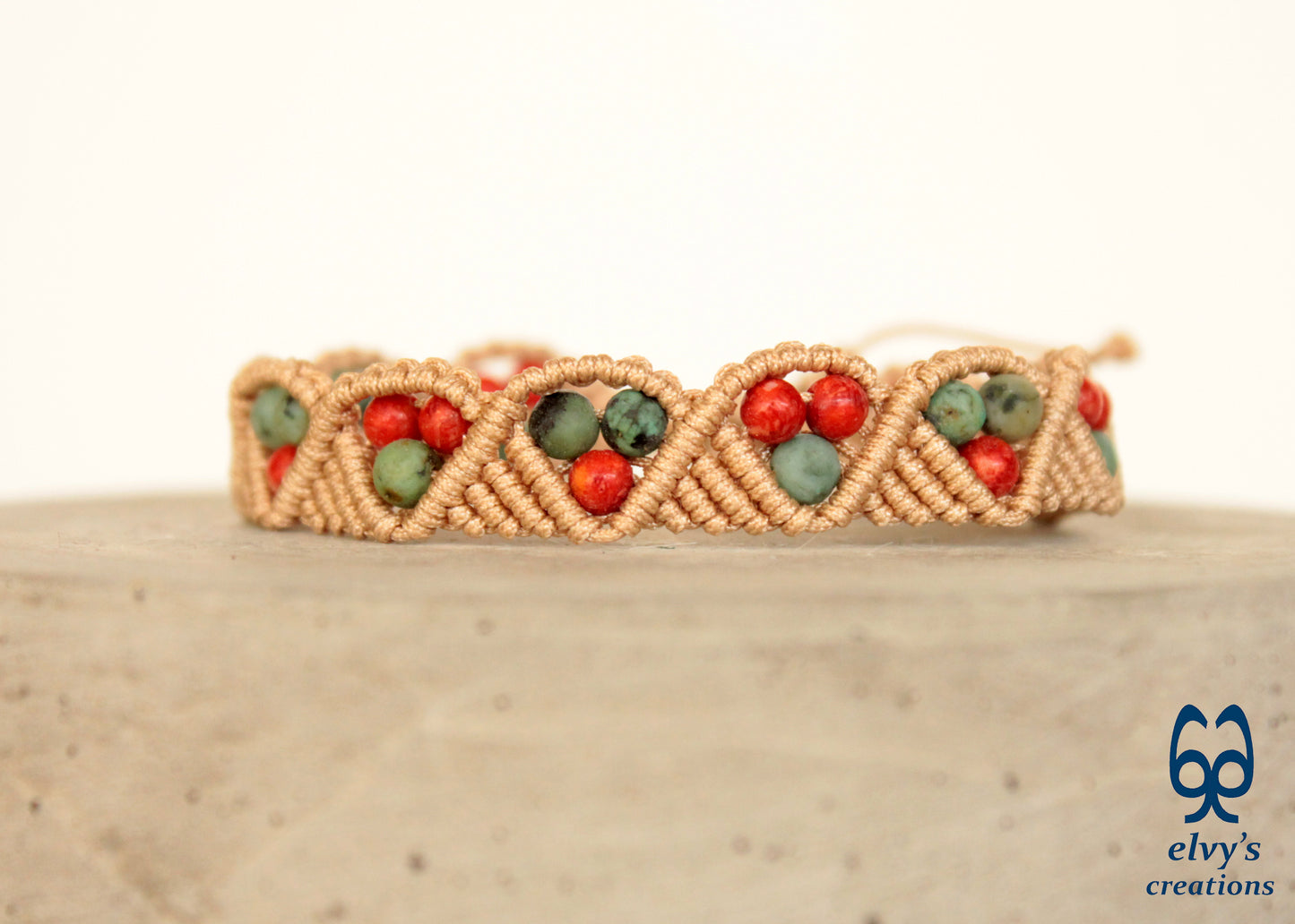 Macrame Beige Boho Beaded Bracelet for Women Natural Turquoise and Red Coral