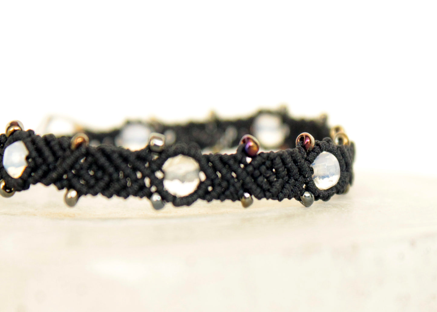 Black Macrame Moonstone Beaded Handmade Bracelet for Women - ElvysCreations
