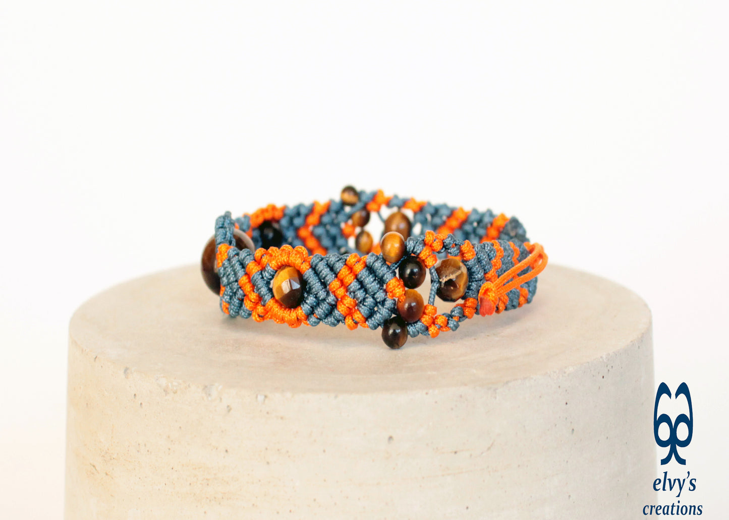 Orange and Gray Blue Bracelet for Ladies with Tiger Eye Natural Gem Adjustable Beaded Cuff