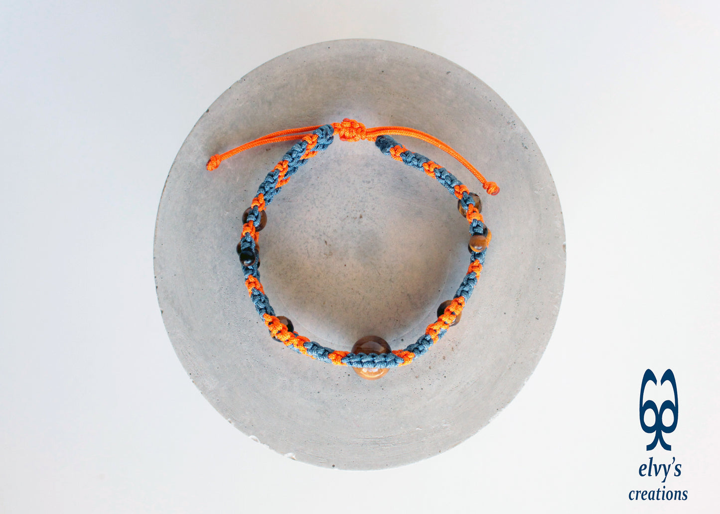 Orange and Gray Blue Bracelet for Ladies with Tiger Eye Natural Gem Adjustable Beaded Cuff