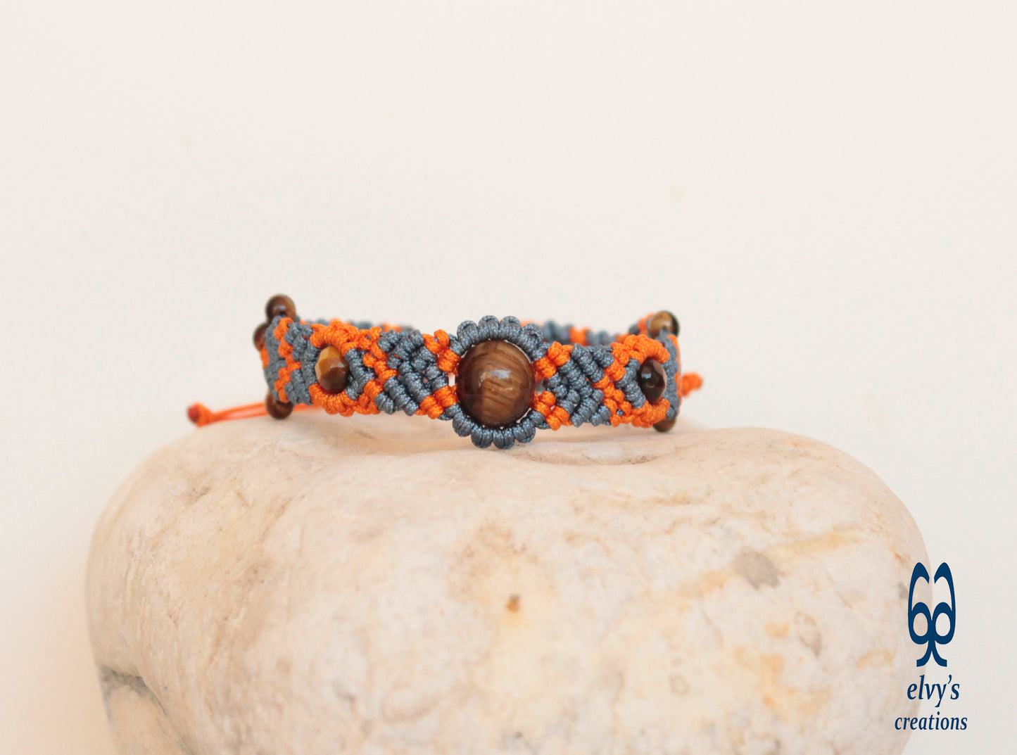 Orange and Gray Blue Bracelet for Ladies with Tiger Eye Natural Gem Adjustable Beaded Cuff